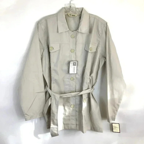 Women's Haband Short Trench L Windbreaker Chore Coat Beige Sash Belt Button-Up - Picture 7 of 15